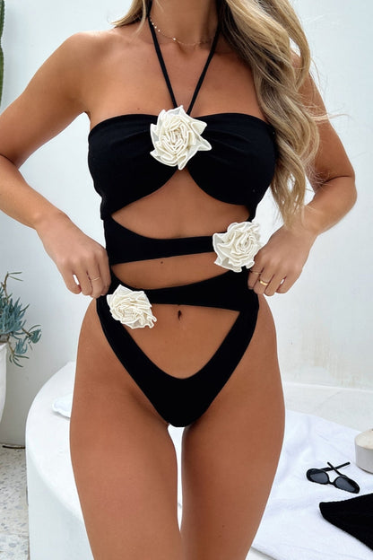 Sexy Solid Bandage Hollowed Out Patchwork Backless Swimwears (With Paddings) Black White