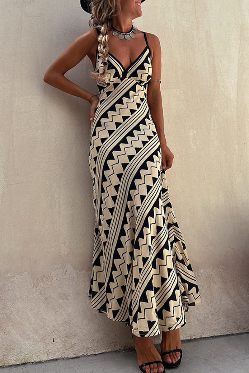 Bohemian Vacation Striped Print Patchwork V Neck Sling Dresses