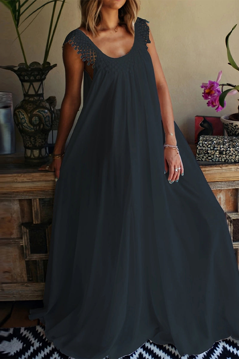 Casual Simplicity Solid Tassel U Neck Sleeveless Dresses Black