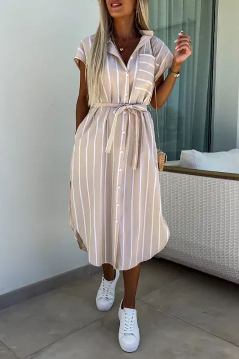 Elegant Striped Bandage Pocket Buckle Turndown Collar Shirt Dresses Apricot