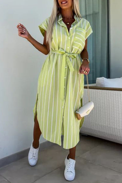 Elegant Striped Bandage Pocket Buckle Turndown Collar Shirt Dresses