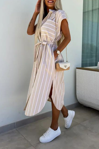 Elegant Striped Bandage Pocket Buckle Turndown Collar Shirt Dresses