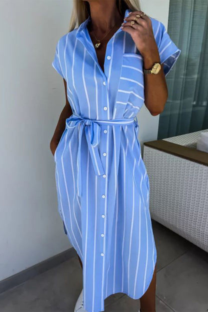 Elegant Striped Bandage Pocket Buckle Turndown Collar Shirt Dresses Blue