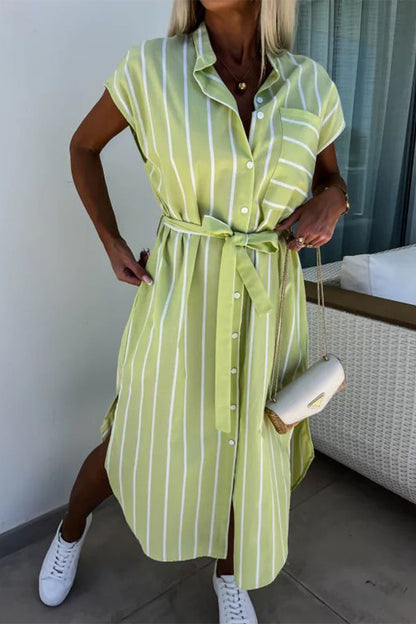 Elegant Striped Bandage Pocket Buckle Turndown Collar Shirt Dresses Green Yellow