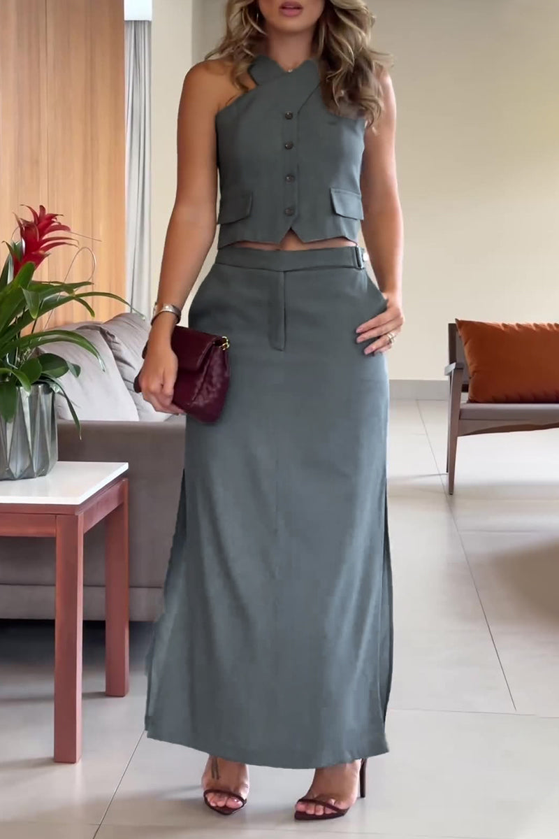 Casual British Style Solid Pocket Slit Halter Sleeveless Two Pieces Grey