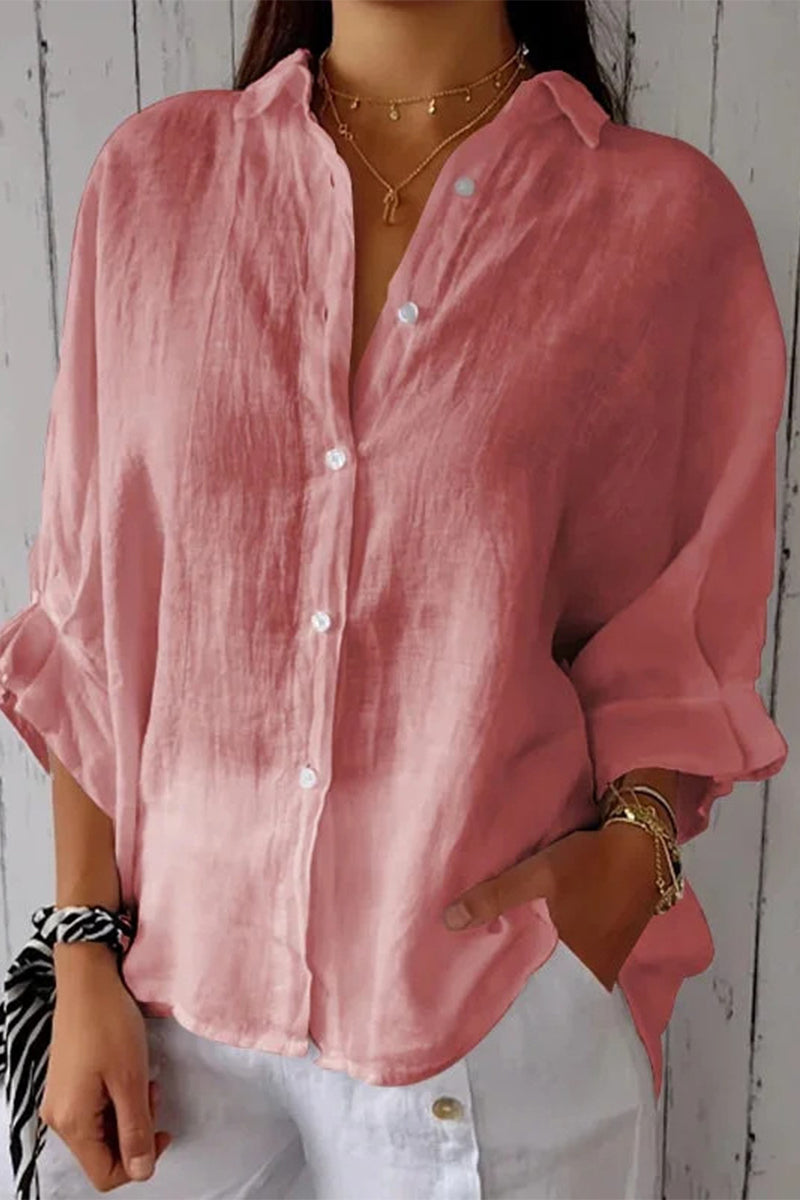 Elegant Solid Frenulum Buttons Slit Turndown Collar Blouses(7 Colors) Pink