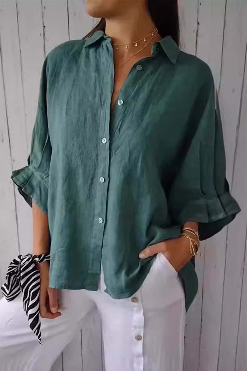 Elegant Solid Frenulum Buttons Slit Turndown Collar Blouses(7 Colors) Malachite Green