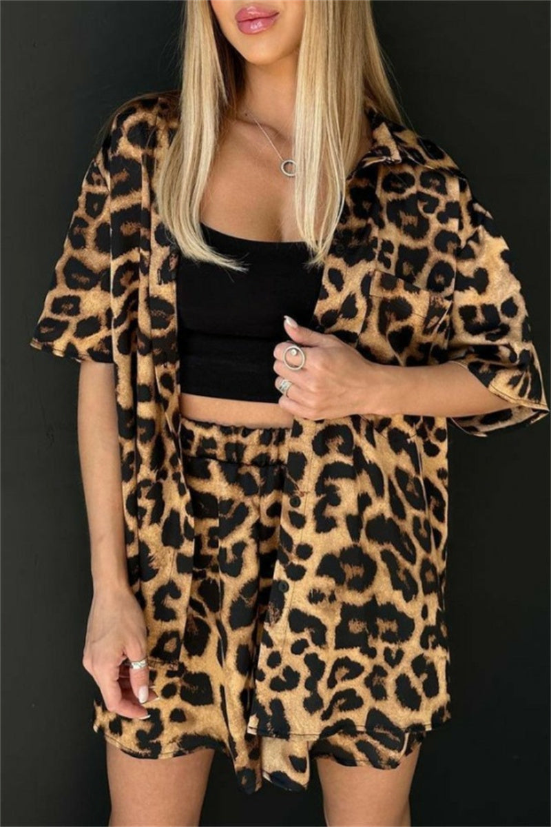 Casual Print Leopard Basic Turndown Collar Half Sleeve Two Pieces