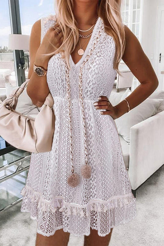 Sweet Elegant Solid Lace Hollowed Out V Neck Sleeveless Dresses(No rope) White