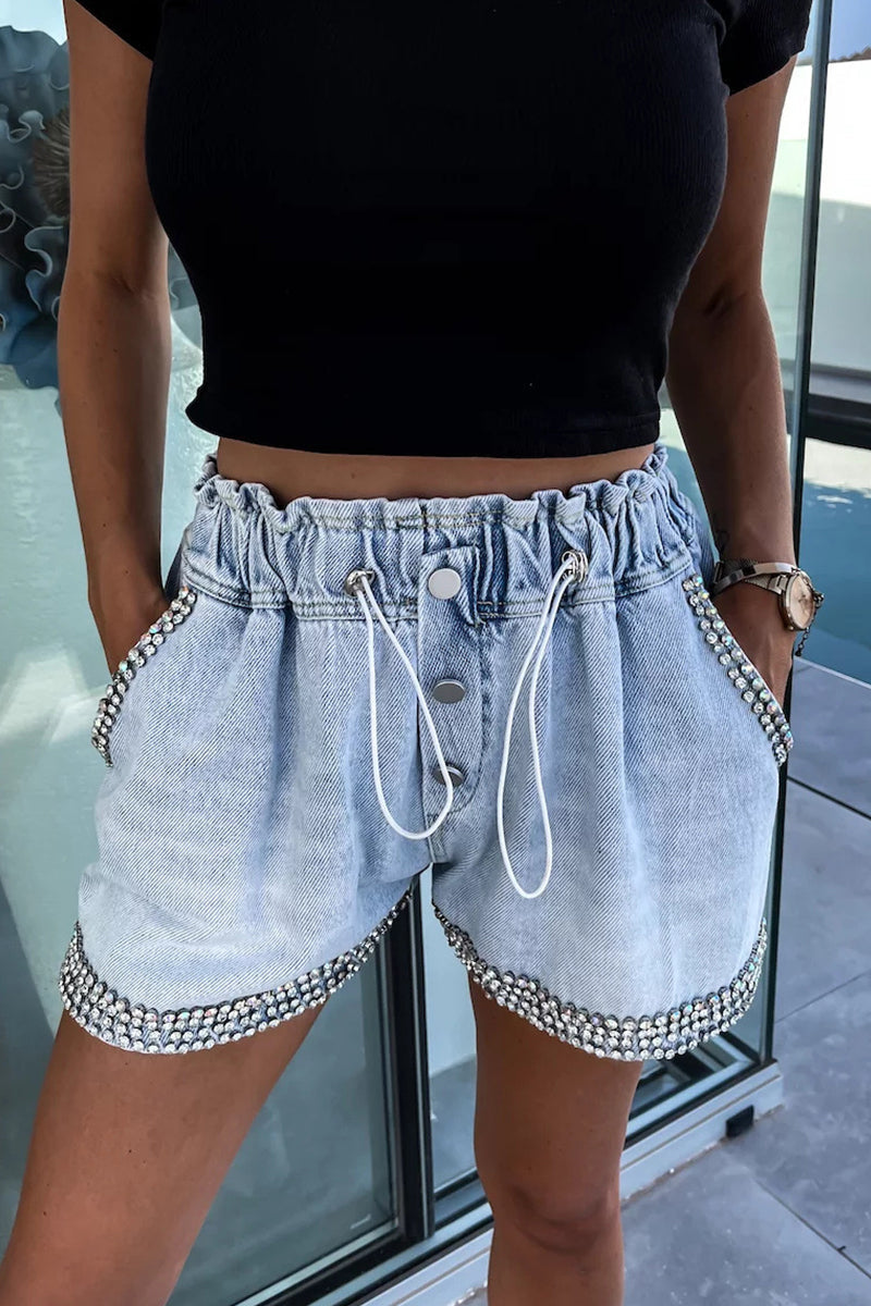 Casual Street The stars Draw String Hot Drill High Waist Loose Denim Shorts