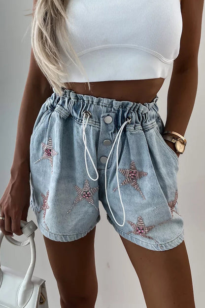 Casual Street The stars Draw String Hot Drill High Waist Loose Denim Shorts Powder Blue