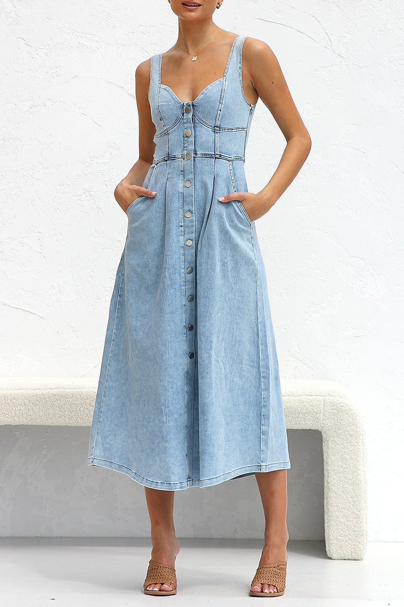 Elegant Solid Make Old Pocket Buckle V Neck Sleeveless Loose Denim Dresses