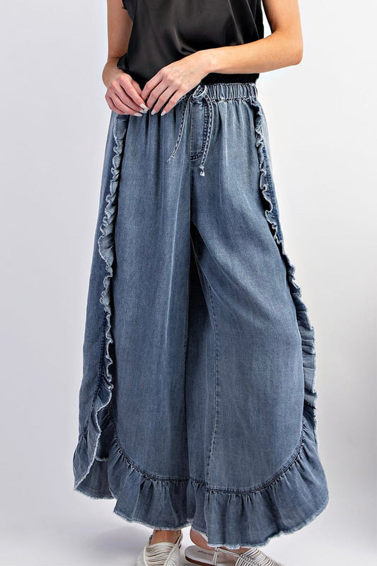 Casual Solid Frenulum Flounce High Waist Loose Denim Jeans The cowboy blue