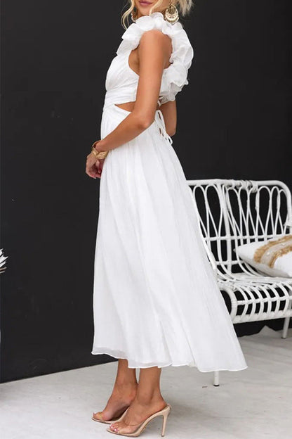 Sweet Elegant Solid Backless Strap Design V Neck A Line Dresses