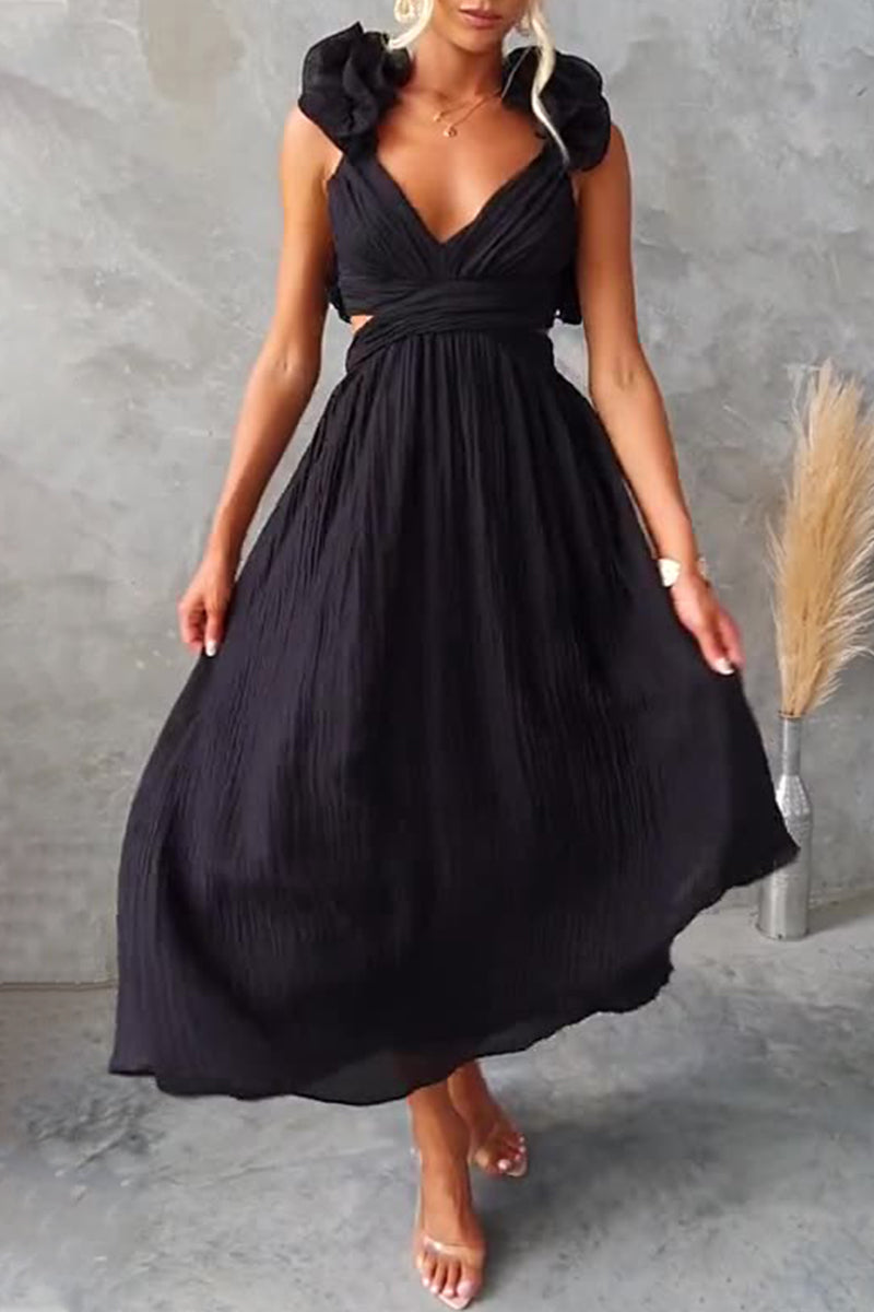 Sweet Elegant Solid Backless Strap Design V Neck A Line Dresses Black