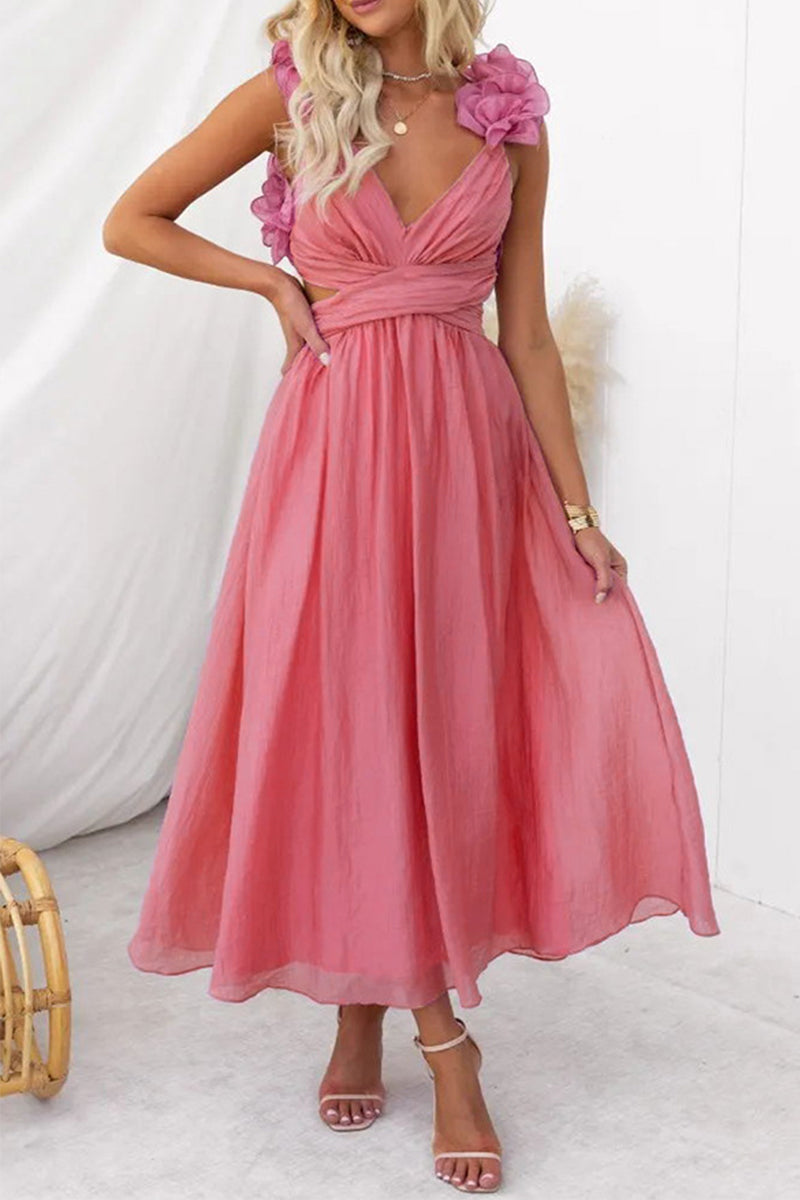 Sweet Elegant Solid Backless Strap Design V Neck A Line Dresses Pink