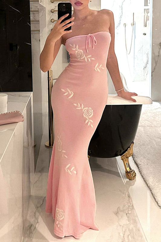 Sexy Flowers Embroidered Bandage Strapless One Step Skirt Dresses Pink