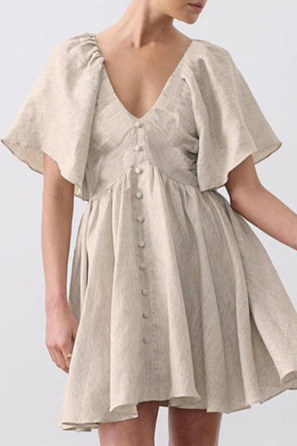 Casual Simplicity Solid Buttons V Neck A Line Dresses Khaki