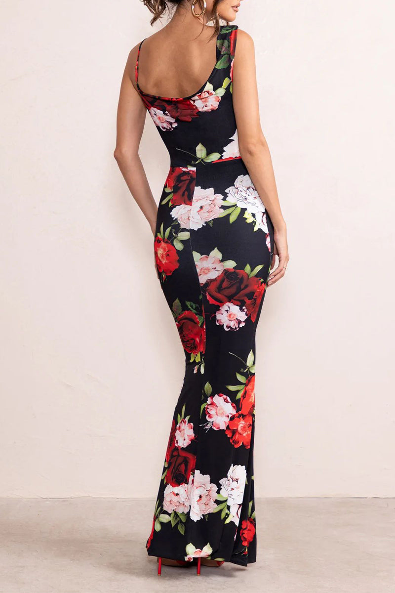 Sexy Vintage Floral Backless Asymmetrical U Neck One Step Skirt Dresses