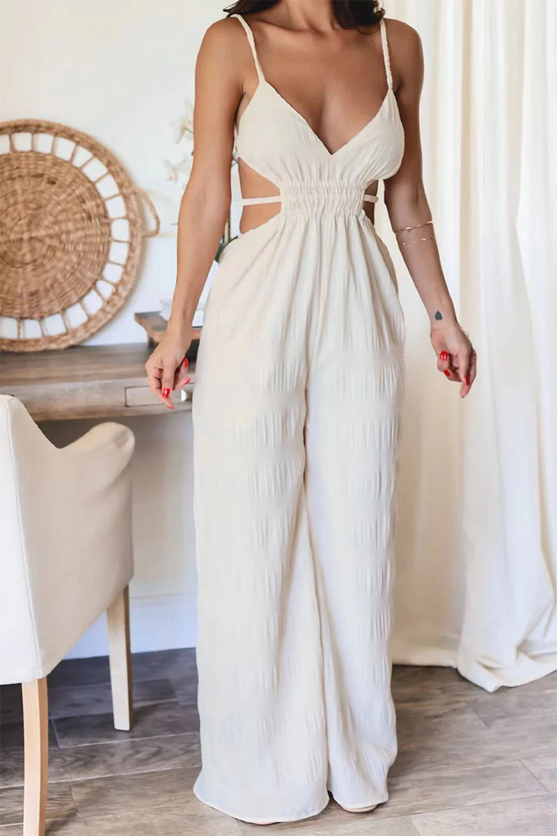 Casual Solid Pocket Backless V Neck Loose Jumpsuits