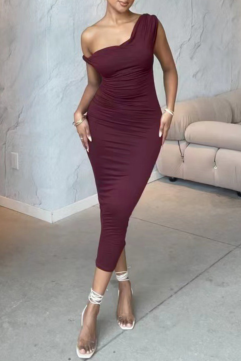 Sexy Casual Solid Basic Oblique Collar Wrapped Skirt Dresses Burgundy