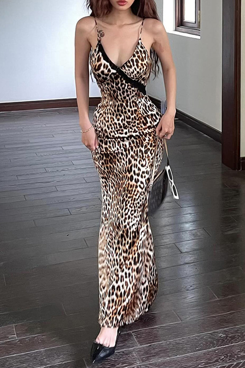 Sexy Vintage Leopard Backless V Neck One Step Skirt Dresses Leopard Print