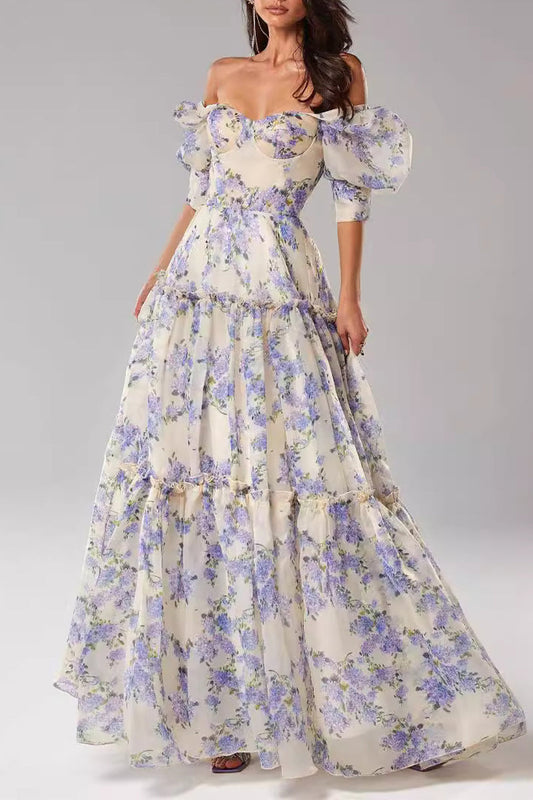 Celebrities Elegant Flowers Patchwork Off the Shoulder Evening Dresses Blue