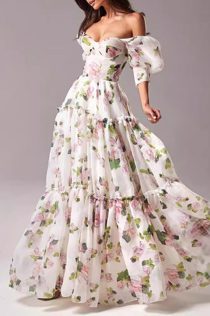 Celebrities Elegant Flowers Patchwork Off the Shoulder Evening Dresses Pink