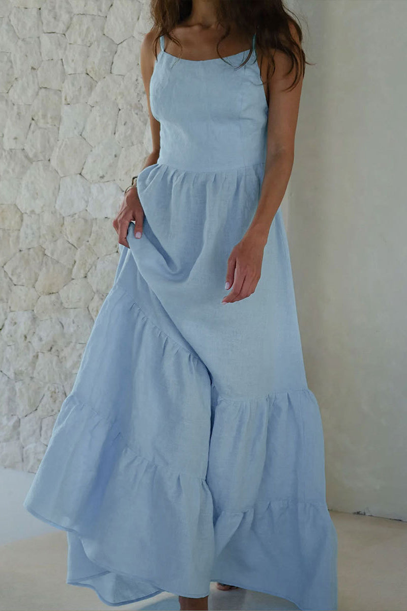 Sexy Vacation Solid Frenulum Backless U Neck Cake Skirt Dresses Sky Blue