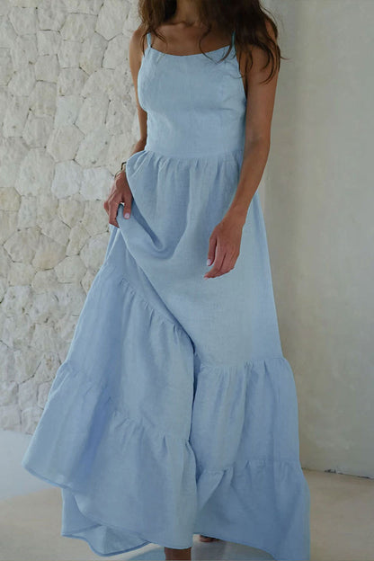 Sexy Vacation Solid Frenulum Backless U Neck Cake Skirt Dresses Sky Blue