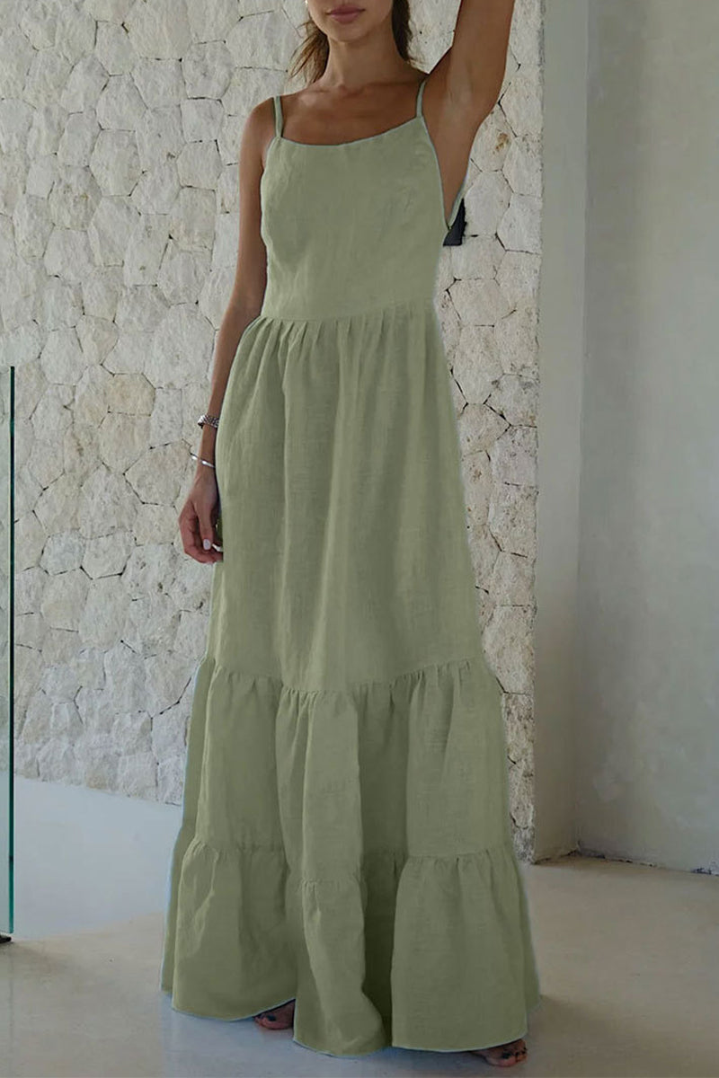 Sexy Vacation Solid Frenulum Backless U Neck Cake Skirt Dresses Light Green