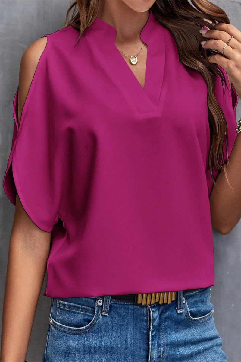 Casual Solid Patchwork V Neck Tops Fuchsia