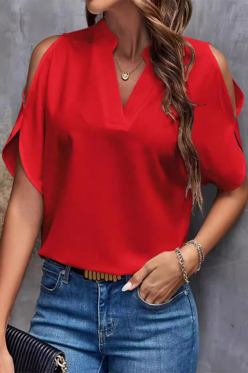 Casual Solid Patchwork V Neck Tops Red