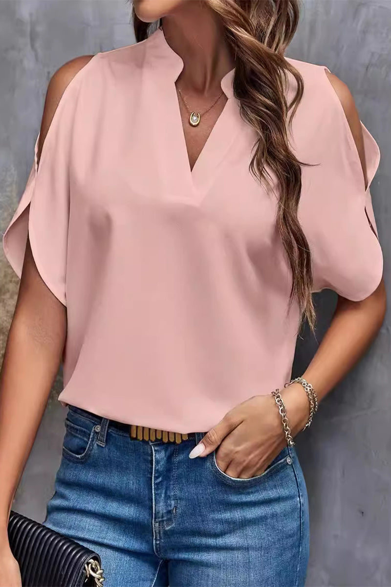 Casual Solid Patchwork V Neck Tops Pink