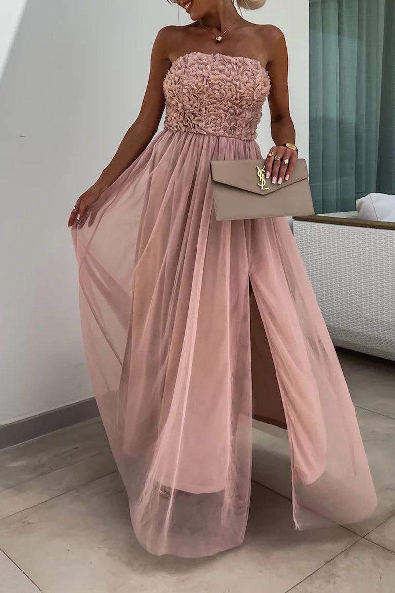 Elegant Solid Flowers Slit Mesh Strapless Sleeveless Dresses Pink