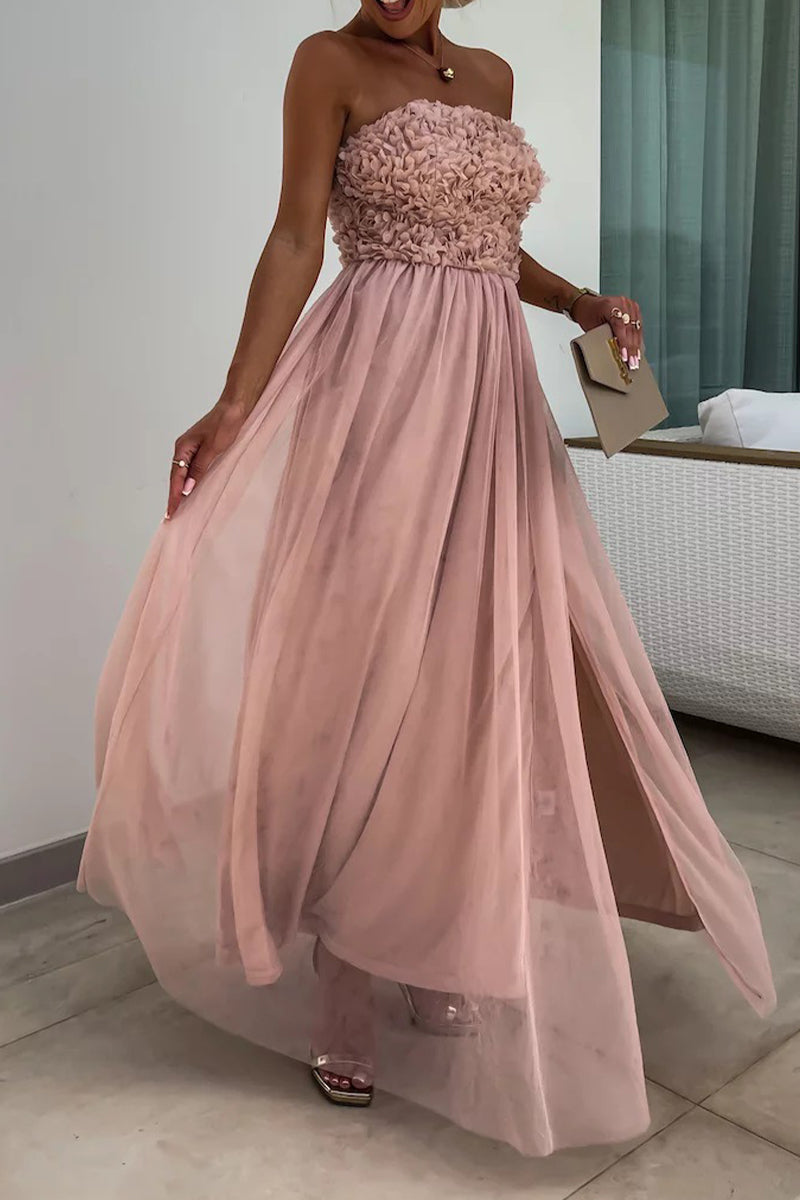 Elegant Solid Flowers Slit Mesh Strapless Sleeveless Dresses