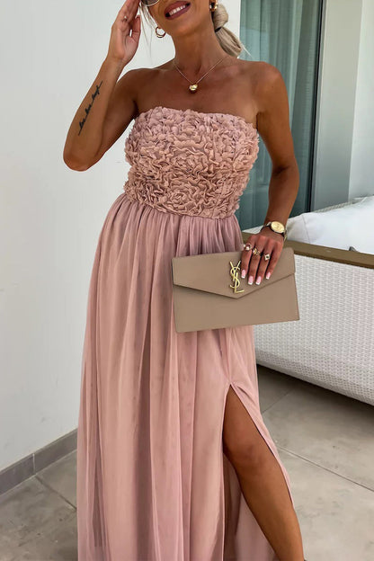 Elegant Solid Flowers Slit Mesh Strapless Sleeveless Dresses