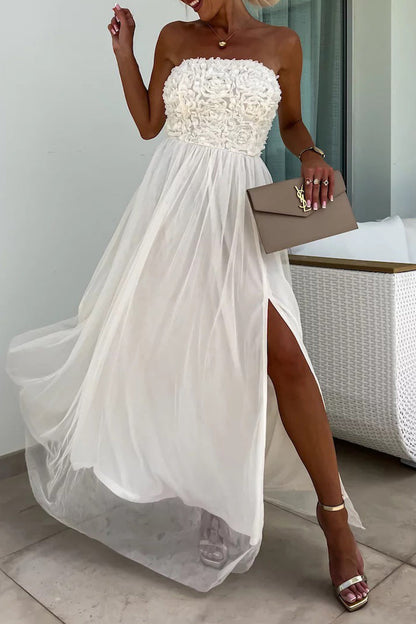 Elegant Solid Flowers Slit Mesh Strapless Sleeveless Dresses White