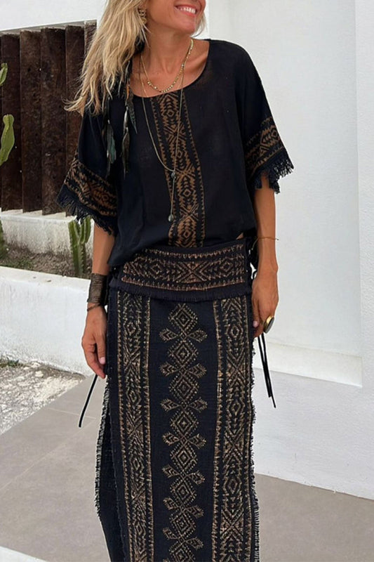 Casual Vintage National Totem Print Tassel Slit O Neck Half Sleeve Two Pieces Black Gray