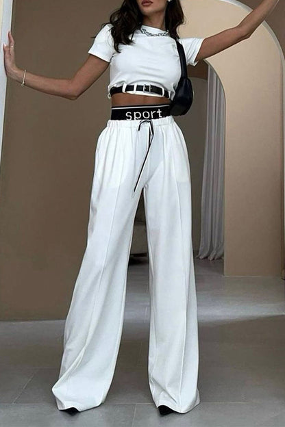 Casual British Style Solid Draw String With Belt O Neck Short Sleeve Two Pieces White