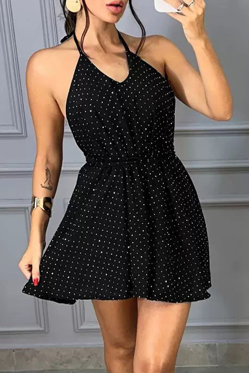 Sexy Polka Dot Frenulum Backless Halter Dresses