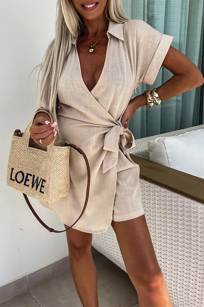 Casual Solid Frenulum V Neck Loose Rompers Apricot