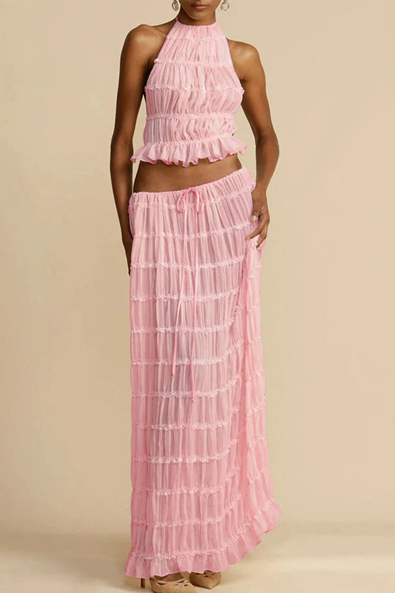 Sexy Vacation Solid Backless Fold Halter Sleeveless Two Pieces Pink