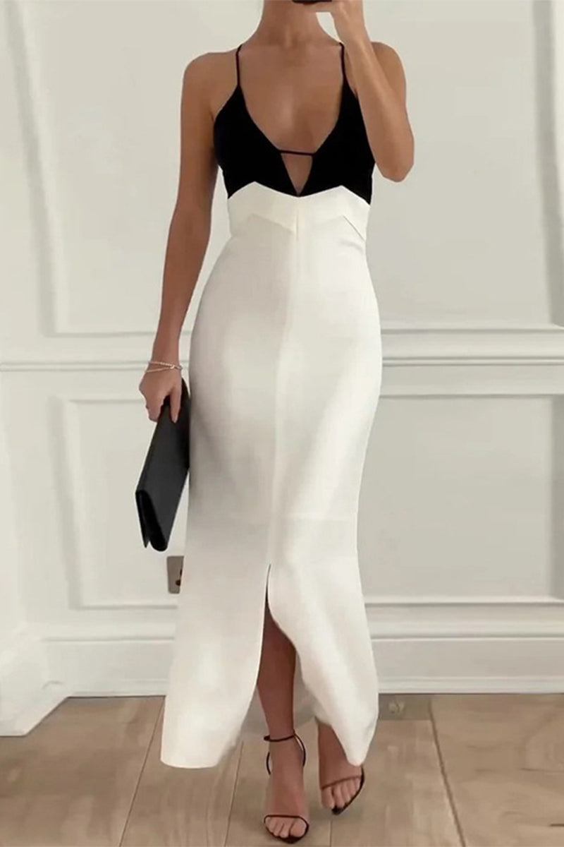 Sexy Celebrities Solid Slit Contrast V Neck Sling Dresses White