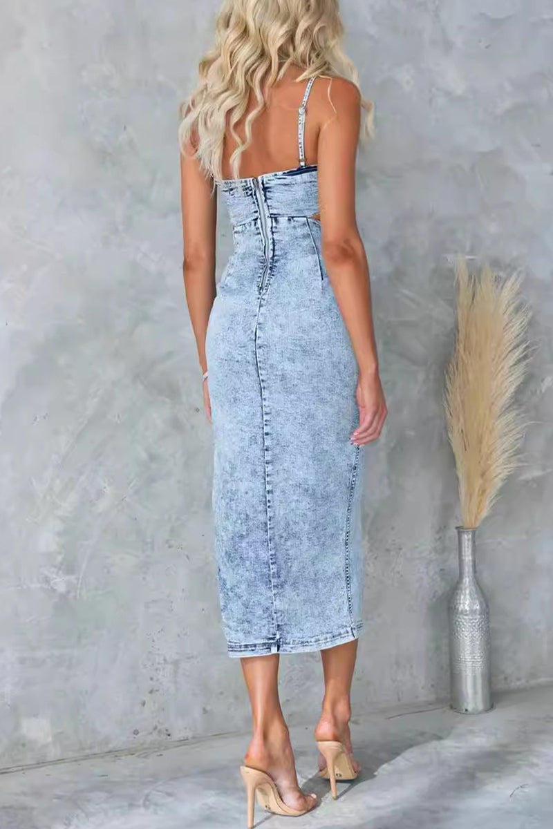 Sexy Solid Make Old Slit O Neck Sleeveless Regular Denim Dresses