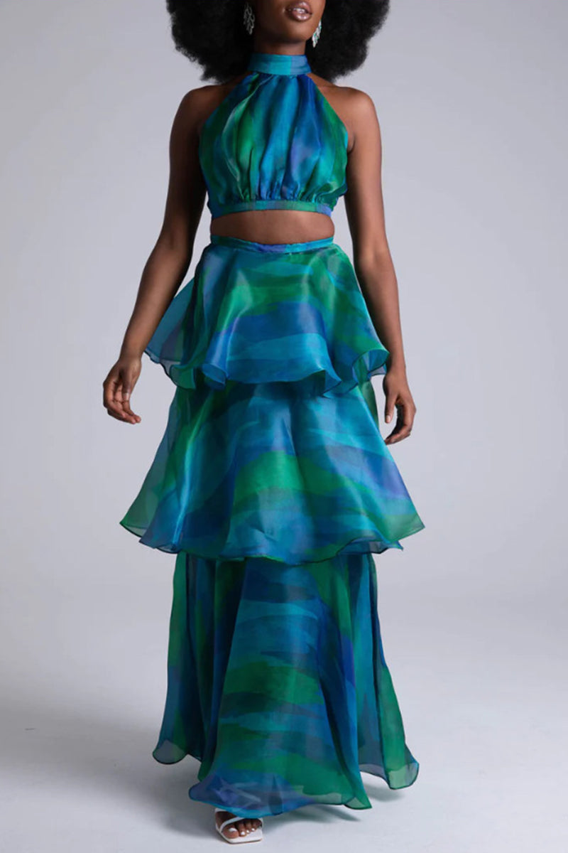 Sexy Gradient Print Stringy Selvedge Turtleneck Cake Skirt Dresses Turquoise