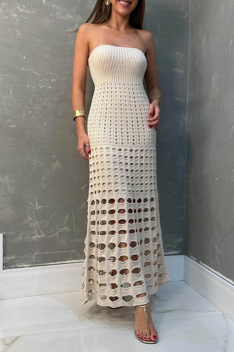 Sexy Vacation Solid Hollowed Out Strapless Beach Dresses