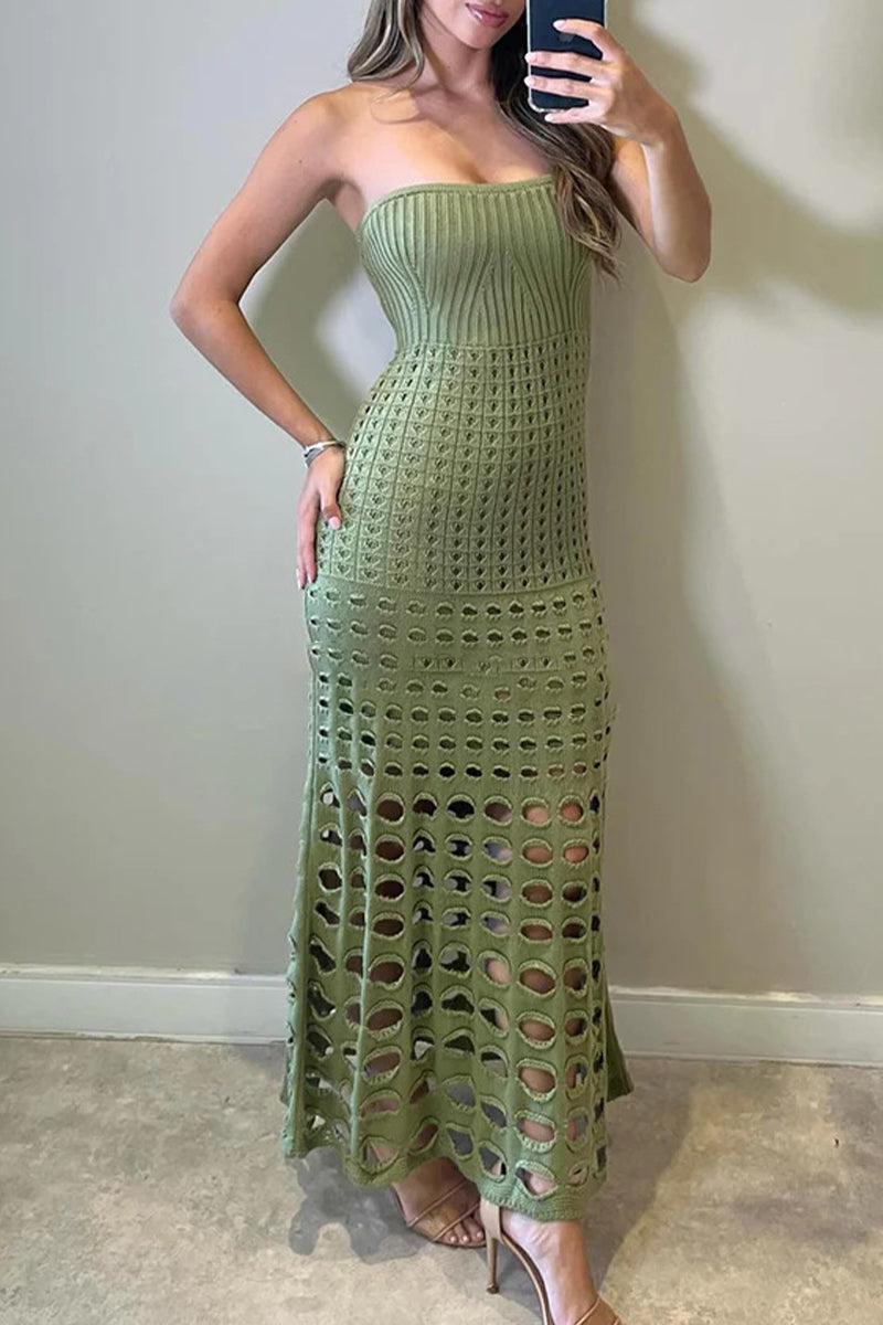 Sexy Vacation Solid Hollowed Out Strapless Beach Dresses Green