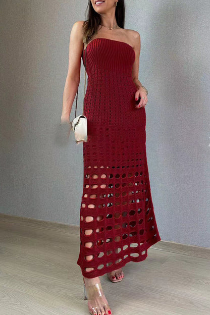 Sexy Vacation Solid Hollowed Out Strapless Beach Dresses Burgundy