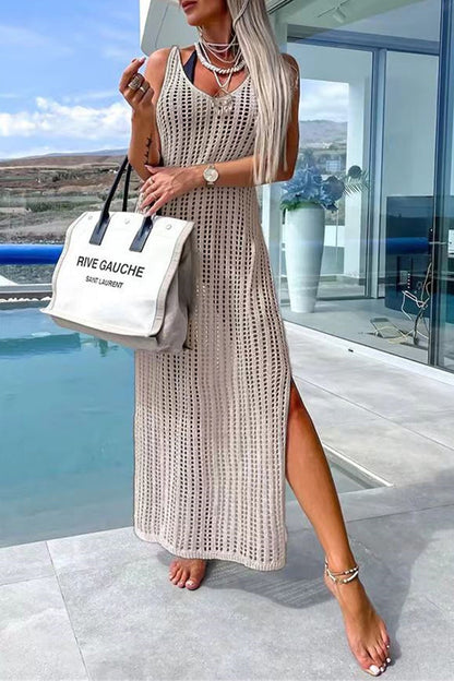 Sexy Vacation Solid Hollowed Out Slit Swimwears Cover Up Apricot